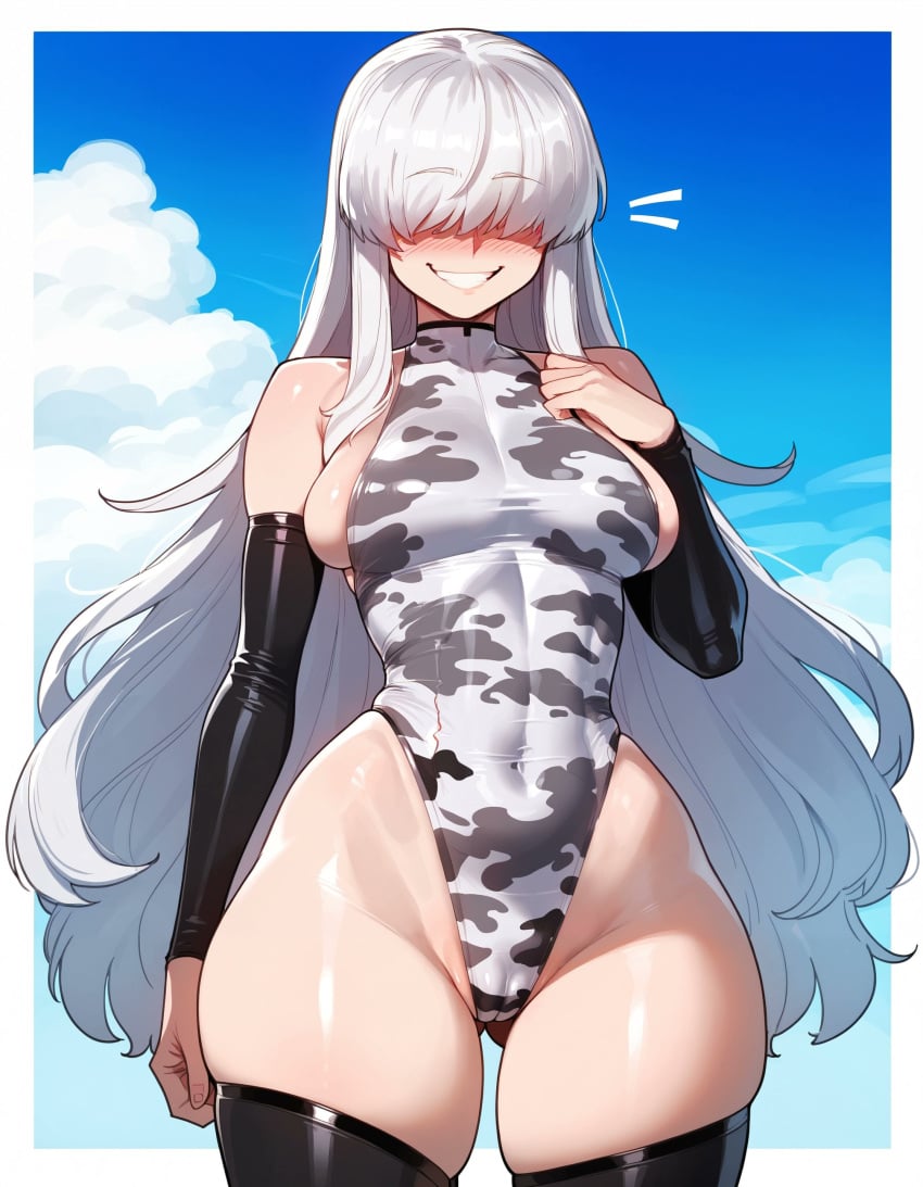 bodysuit cameltoe camouflage evil_grin hair_over_eyes leotard