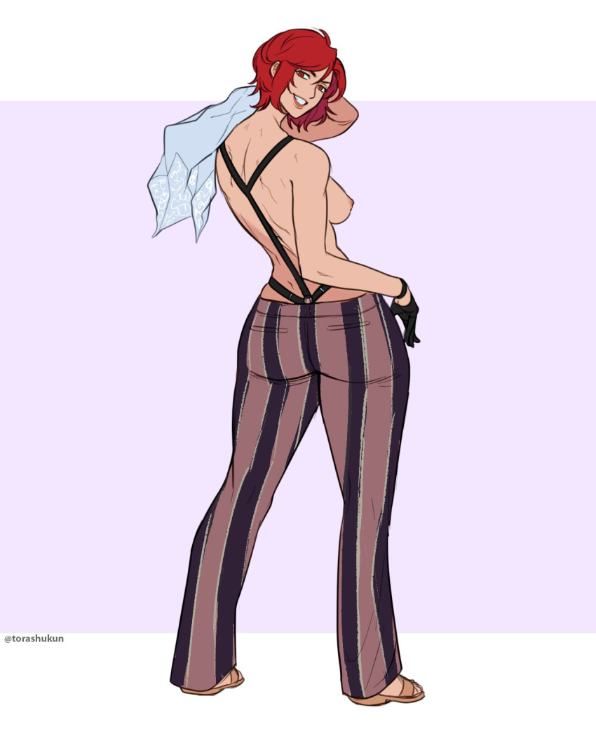 athletic athletic_female big_breasts breasts busty female female_focus female_only full_body hourglass_figure king_of_fighters makeup milf pants pinup pinup_pose red_eyes red_hair sandals short_hair snk suspenders tagme topless torashu-kun vanessa_(kof) wide_hips