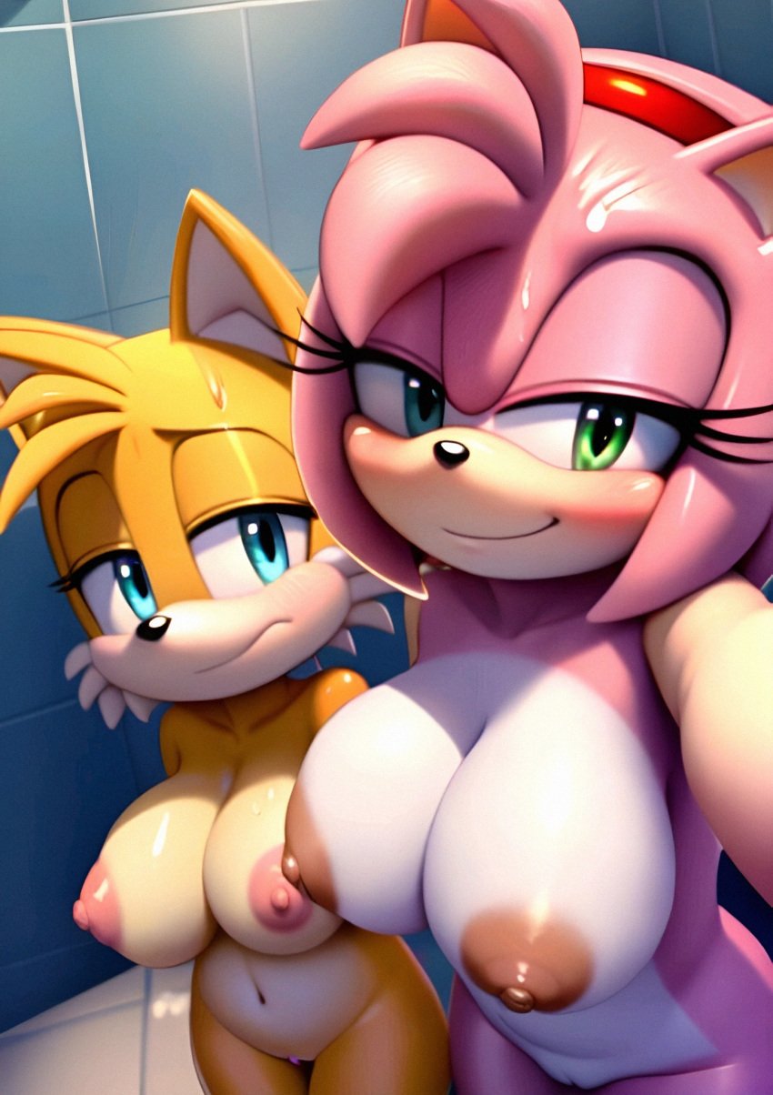 2girls ai_generated aifurryv2 amy_rose big_breasts blue_eyes completely_naked completely_nude completely_nude_female female female_only feminization genderswap_(mtf) green_eyes heterochromia large_breasts long_eyelashes miles_prower miles_tails_prower naked nervous_expression nervous_smile pink_fur pink_hair rule_63 selfie shortstack shower smiling_at_viewer sonic_(series) sonic_the_hedgehog_(series) tails_the_fox tailsko wet wet_body yellow_fur