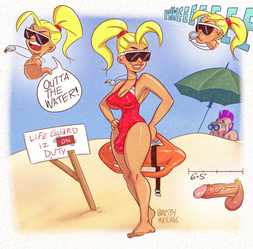 1boy 1futa 2d 2d_(artwork) artbymatches barefoot beach beach_umbrella blonde_futa blonde_hair blonde_hair_futa bulge digital_drawing_(artwork) digital_media_(artwork) feet futa_focus futanari highres lifeguard light-skinned_futanari light_skin one-piece_swimsuit penis ponytail purple_hair red_swimsuit smirk solo solo_futa speech_bubble sunglasses tan-skinned_futanari tan_skin tinted_eyewear toes twitter_username vein veiny_penis whistle_around_neck