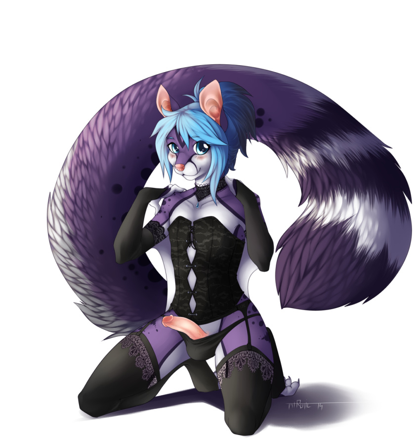 anthro big_tail blue_eyes blue_hair blush clothing corset crossdressing cute elbow_gloves erection fluffy_tail fur garter_belt girly gloves hair humanoid_penis kneeling lace legwear lingerie long_hair looking_at_viewer male mammal marsupial mirotic panties penis poking_out ponytail purple_fur smile solo stockings sugar_glider thong tied_hair underwear