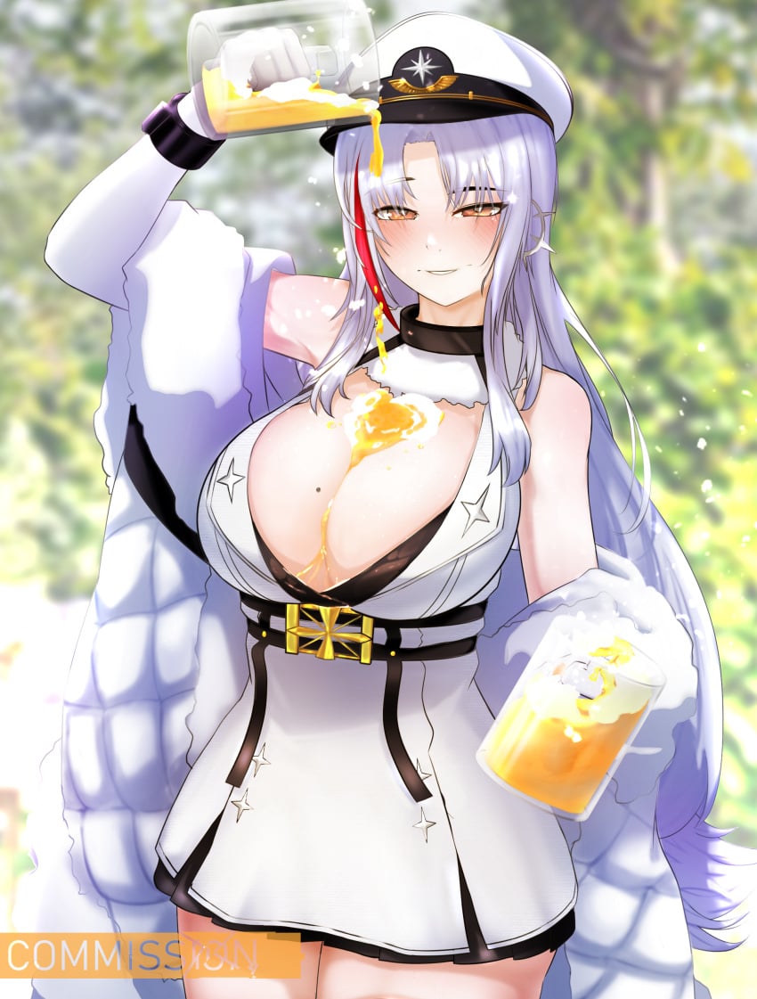 1girls azur_lane beauty_mark beer beer_mug beer_on_breast blush breasts cap cleavage commission drunk female female_only hat huge_breasts light-skinned_female light_skin liquid liquid_on_breast military military_uniform northern_parliament_(azur_lane) outdoors pakdeus red_hair seductive solo tallinn_(azur_lane) two_tone_hair white_hair yellow_eyes