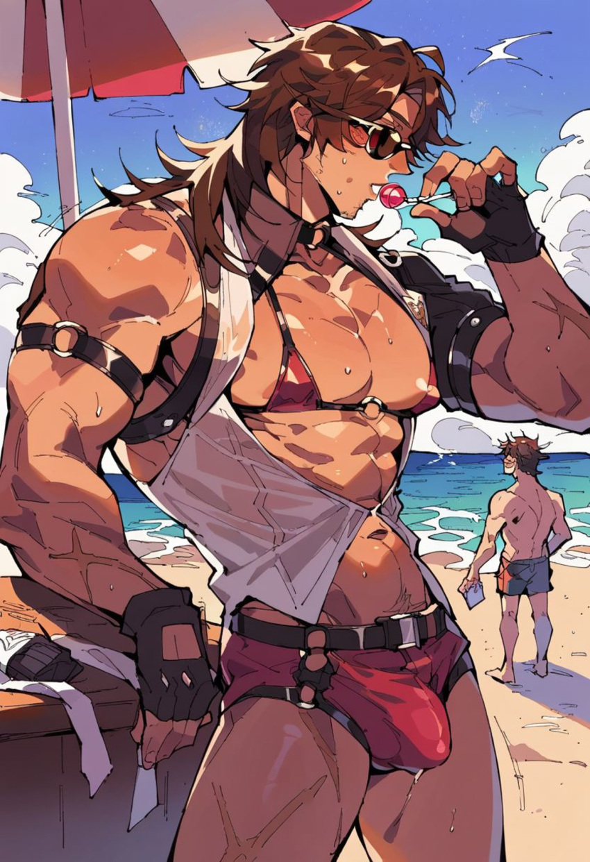 ai_generated barely_clothed beach belts brown_hair bulge gallagher_(honkai:_star_rail) gay gloves lollipop long_hair male male_focus male_in_bikini male_only micro_bikini muscular muscular_male sinchilee solo tagme yaoi