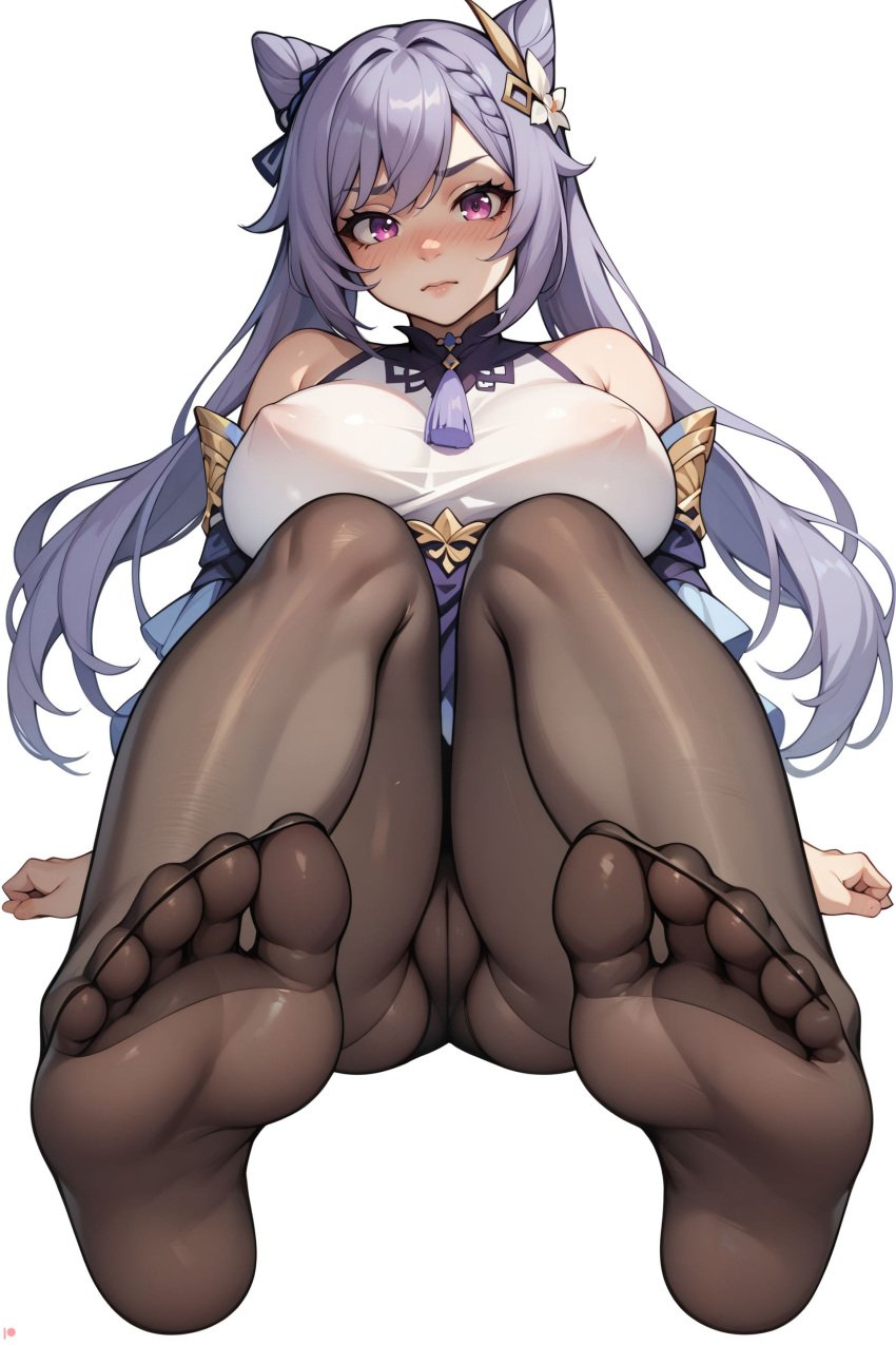 (genshin ai_generated at background bangs bare black blush breasts bun cone covered dress eyes feet female genshin_impact hair impact) juswa keqing keqing_(genshin_impact) large long looking nipples no ornament pantyhose purple shoes shoulders simple soles solo toes twintails viewer white