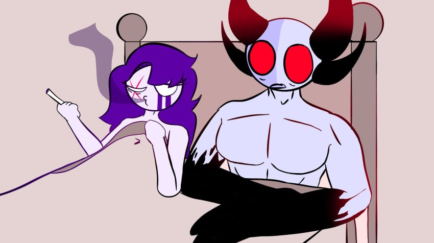 1boy 1girls amadeaz amadeaz_lavender bed bed_sheet couple couple_(romantic) criminal demon female friday_night_funkin honeymoon jamiy keyrinn keyrinn_juan keyrinn_juan_lavender male mid_fight_masses oc original_character spicy_jamiy