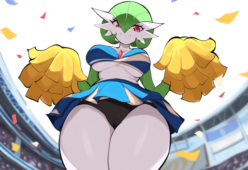 ai_generated cameltoe cheerleader cheerleader_uniform curvaceous female furry gardevoir generation_3_pokemon large_breasts mullon novelai panties pokémon_(species) pokemon pokemon_(species) pokemon_rse pom_poms public stadium stadium_background thick_thighs