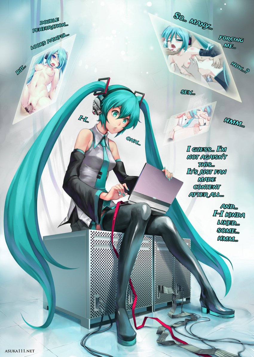 1girls :o ^^^ absurdres animal_ears aqua_eyes aqua_hair at_computer blowjob blush breasts clothed computer edit female full_body gangbang hair_between_eyes hatsune_miku headphones kotatsu laptop long_hair multiple_males nail_polish nipples open_mouth panties sayori shocked shoulder_tattoo sitting small_breasts tagme third-party_edit twintails very_long_hair vocaloid watching_porn zoryc