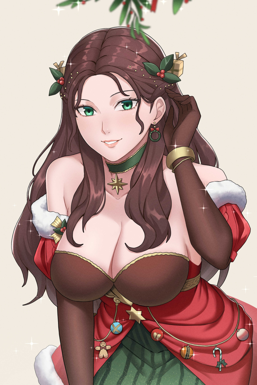 1girls absurdres alternate_costume bare_shoulders breasts brown_gloves brown_hair choker christmas christmas_ornaments cleavage collarbone dorothea_arnault dorothea_arnault_(winter) earrings elbow_gloves female female_only fire_emblem fire_emblem:_three_houses fire_emblem_heroes fire_emblem_warriors:_three_hopes fur_trim gloves green_choker green_eyes grin highres ikhwan_maulana jewelry large_breasts lips long_hair looking_at_viewer mistletoe mistletoe_hair_ornament nintendo official_alternate_costume official_alternate_hairstyle parted_lips smile solo star_(symbol) star_choker wavy_hair