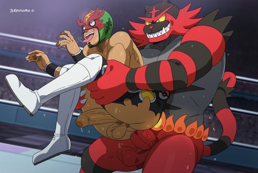 2024 anal anal_sex balls black_body black_fur bodily_fluids burankoprn clothed clothing detailed_background duo erection felid feline fur gay gay_sex generation_7_pokemon genitals hi_res incineroar interspecies kukui_(pokemon) male male/male male_only male_penetrated male_penetrating male_penetrating_male mammal masked_royal nintendo partially_clothed penetration penis pokemon pokemon_(species) pokemon_professor pokephilia professor_kukui red_body red_fur sex smile stripes sweat torn_clothing