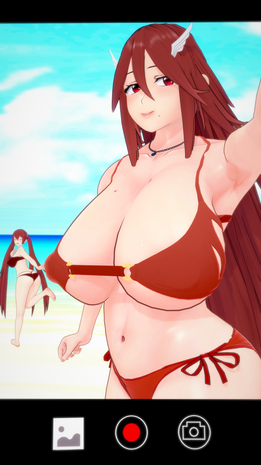 2girls 3d accessory alternate_costume armpits ass bare_legs bare_midriff bare_shoulders beach beauty_mark big_ass bikini breasts breasts_bigger_than_head camera_view cleavage closed_eyes collarbone cordelia_(fire_emblem) covered_nipples daughter feather_hair_ornament feathers female female_only fire_emblem fire_emblem_awakening hair_between_eyes hair_ornament huge_breasts koikatsu large_breasts leg_up legs long_hair looking_at_viewer looking_back midriff mike_oxlong mole mole_on_breast mole_under_mouth more_at_source mother mother_and_daughter multiple_girls nail_polish necklace nintendo ocean open_mouth outdoors reaching_out reaching_towards_viewer red_bikini red_eyes red_hair red_nails red_swimsuit running selfie severa_(fire_emblem) shoulders smile solo_focus swimsuit twintails underboob very_long_hair