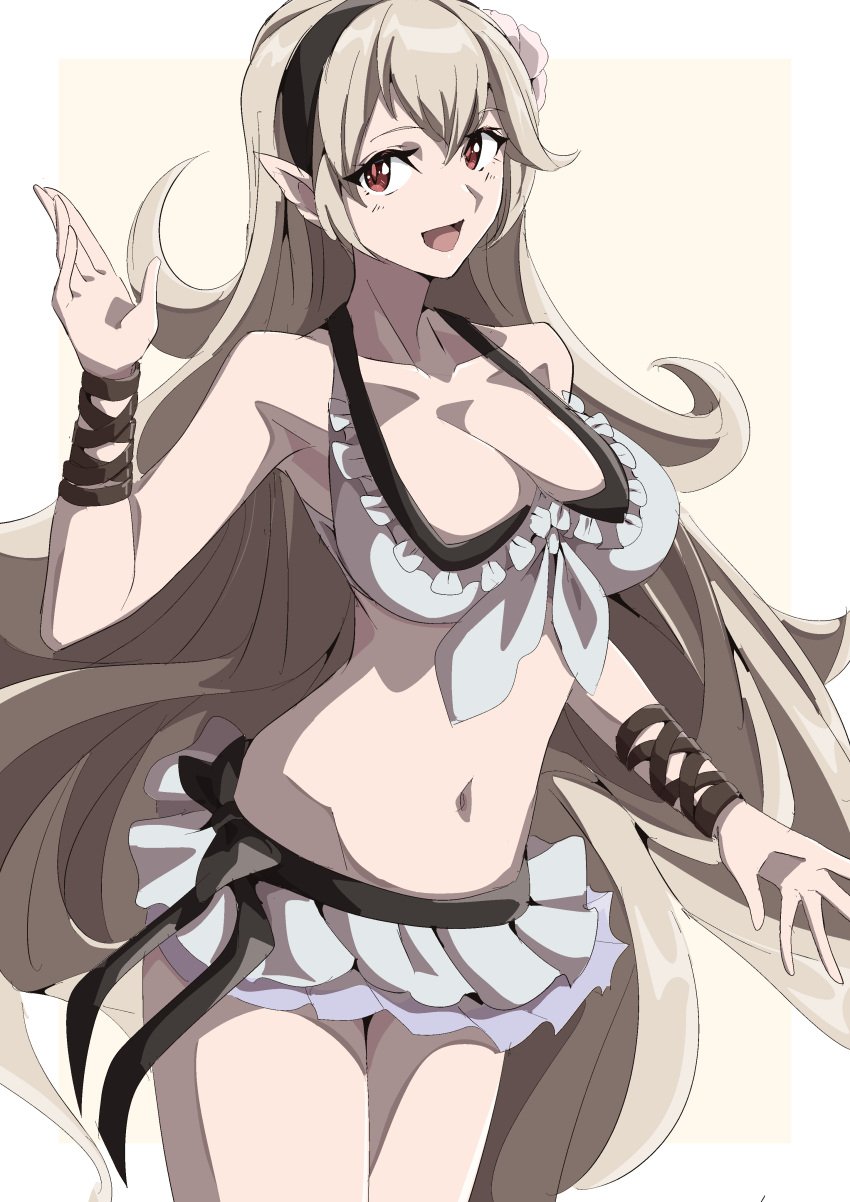 1girls :d absurdres alternate_costume bare_shoulders bikini black_hairband breasts cleavage collarbone corrin_(female)_(fire_emblem) corrin_(female)_(summer)_(fire_emblem) corrin_(fire_emblem) corrin_(fire_emblem)_(female) fire_emblem fire_emblem_fates fire_emblem_heroes hair_between_eyes hairband highres large_breasts long_hair navel nintendo official_alternate_costume open_mouth pointy_ears red_eyes smile solo swimsuit to_(tototo_tk) very_long_hair white_bikini white_hair white_swimsuit