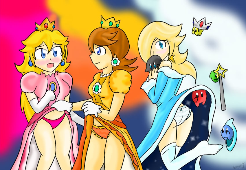 beige_skin clothes dress female feral flying human interspecies luma mario_(series) multiple_females nintendo on_one_foot panties polari princess_daisy princess_peach princess_rosalina size_difference skirt_lift standing super_mario_bros. xero-j