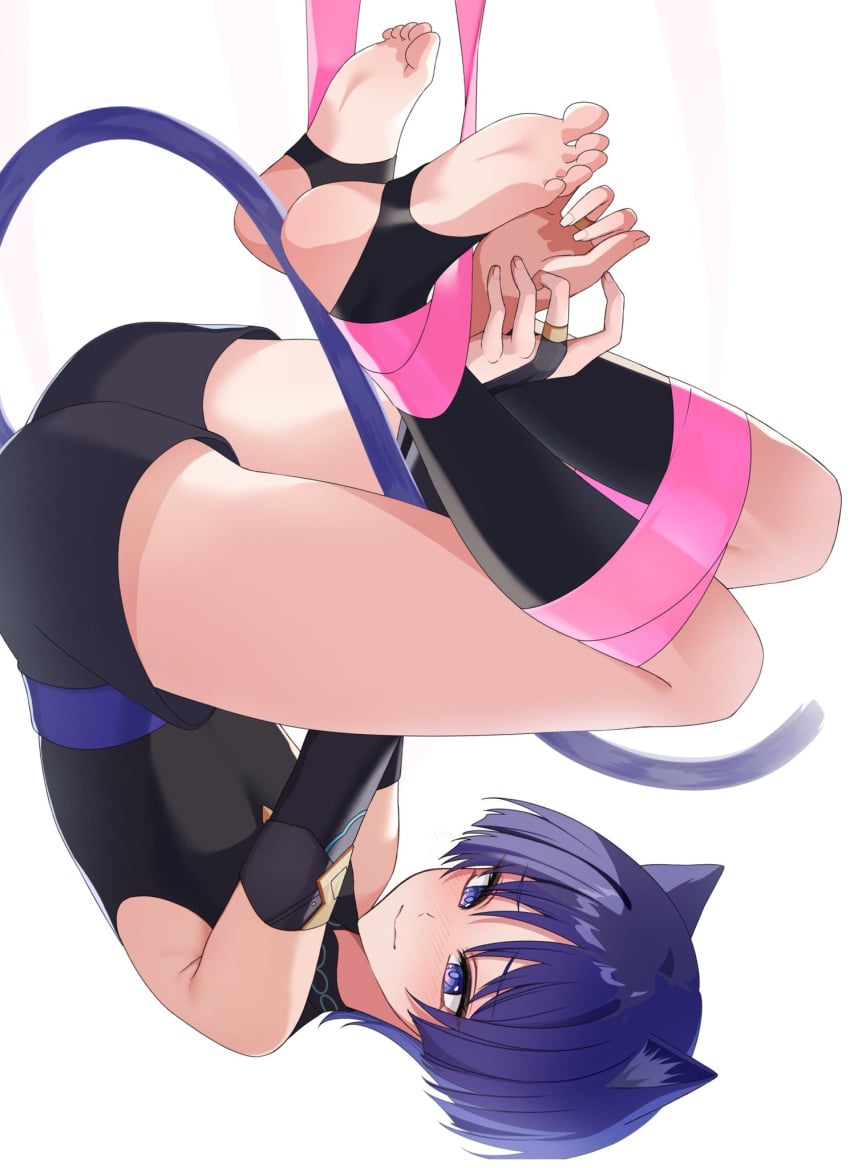 bound catboy chobonu clothed digital_media_(artwork) femboy genshin_impact male_focus male_only scaramouche_(genshin_impact) solo solo_male twink