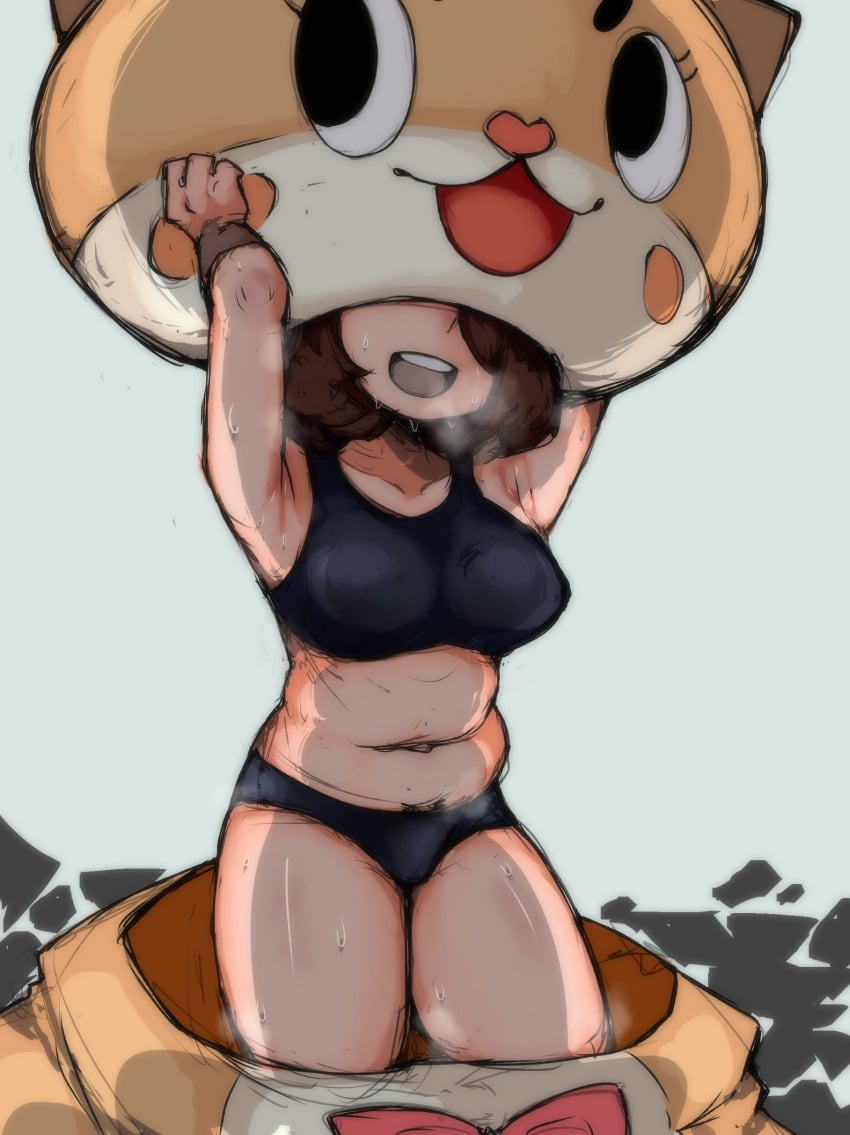 1girls armpits artist_name breasts brown_hair chiitan costume female female_focus female_only heavy_breathing large_breasts mafuokaoka2 mascot mascot_costume mascot_head mask masked masked_female short_hair sports_bra sportswear thick_thighs thighs unseen_female_face