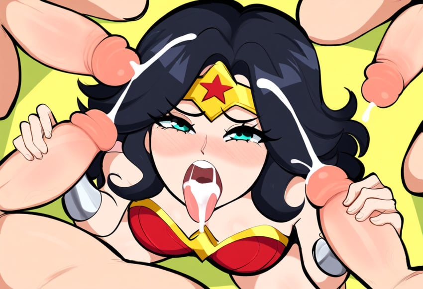 1girls after_fellatio after_oral ai_generated amazon amazonian big_penis cum cum_in_mouth dc dc_comics female from_above group group_sex high-angle_view huge_cock mullon multiple_boys novelai penis superheroine surrounded surrounded_by_penises tongue tongue_out wonder_woman wonder_woman_(series)