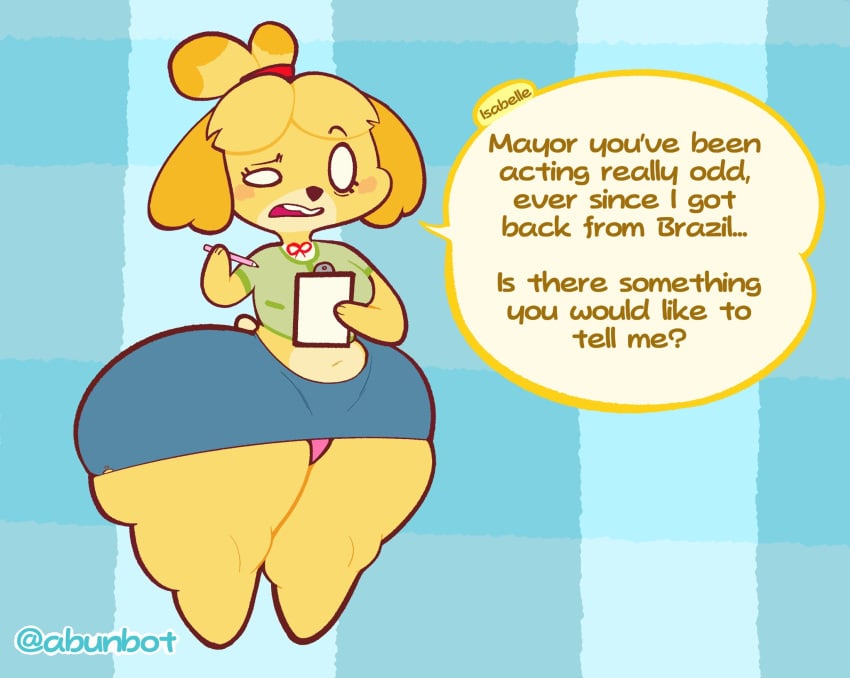 1girls abunbot alternate_version_available animal_crossing anthro ass big_breasts body_modification brazilian_butt_lift breasts canine clipboard exposed_midriff female isabelle_(animal_crossing) massive_ass nintendo offscreen_character pencil shih_tzu text thick_thighs tight_clothes visible_underwear wide_hips