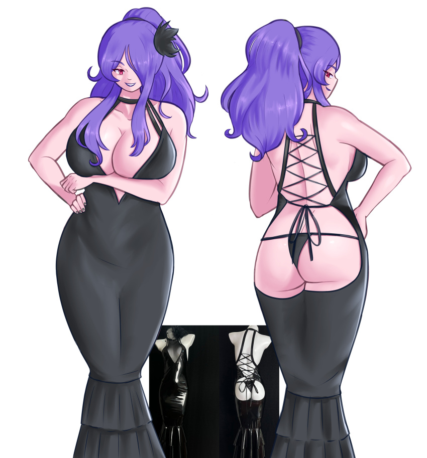 1girls alternate_costume alternate_hairstyle ass back backless_outfit bare_back black_panties breasts camilla_(fire_emblem) female female_only fire_emblem fire_emblem_fates from_behind grin hair_over_one_eye large_ass large_breasts long_hair multiple_views nintendo obsidianwasp panties pink_eyes purple_hair smile solo underwear