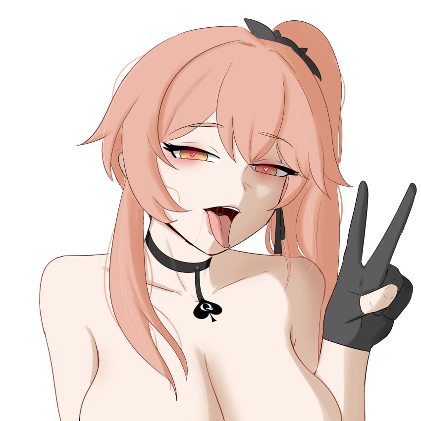 1girls ahe_gao ahegao ahegao_face big_breasts blacked collar gloves guinaifen_(honkai:_star_rail) heart-shaped_pupils honkai:_star_rail honkai_(series) hoyoverse light-skinned_female light_skin looking_at_viewer lord_dante mihoyo open_mouth orange_hair peace_sign ponytail qos queen_of_spades saliva saliva_drip symbol-shaped_pupils tongue tongue_out yellow_eyes