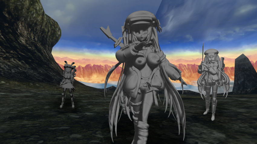 3d 3girls bra breasts cleavage hat large_breasts medium_breasts nipples original original_character petrification petrified ripsaw72a3 statue sword thighhighs thighs