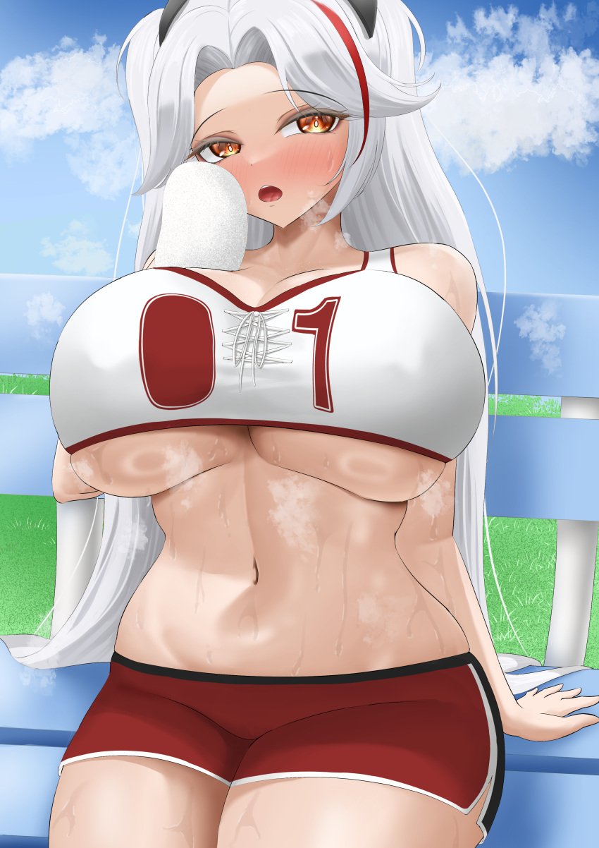 1girls alternate_costume azur_lane bench blush breasts exhausted female female_only huge_breasts iron_blood_(azur_lane) light-skinned_female light_skin official_alternate_costume open_mouth orange_eyes osasa_(osasabeaf) outdoors prinz_eugen_(azur_lane) prinz_eugen_(brilliant_touchdown)_(azur_lane) sitting_on_bench sky solo sweat tired underboob white_hair