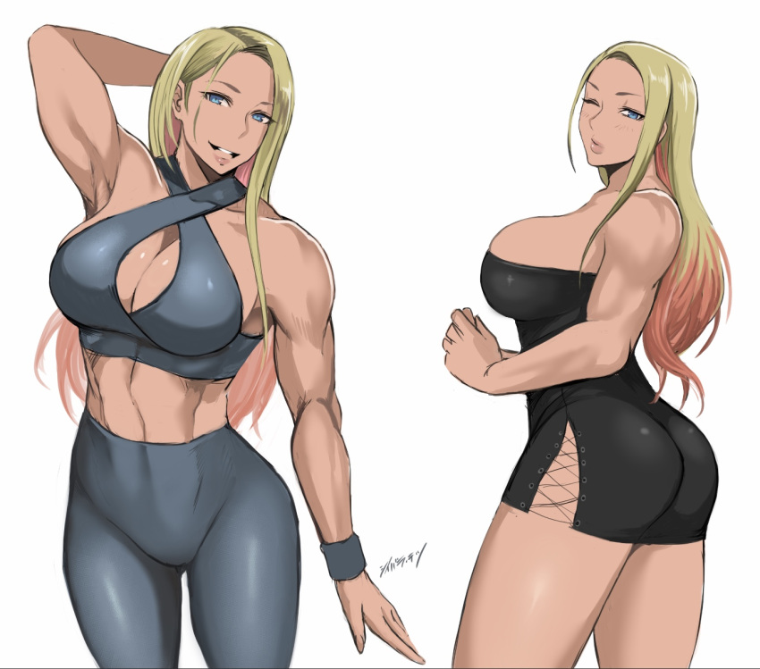 1girls 2d 2d_(artwork) abs artist_name black_dress blank_background blonde_female blonde_hair blonde_hair_female cleavage digital_drawing_(artwork) digital_media_(artwork) dyed_hair halterneck large_breasts long_hair looking_at_viewer minidress muscles muscular muscular_female off-shoulder_dress one_eye_closed shibusun skin_tight solo solo_female white_background wink winking_at_viewer