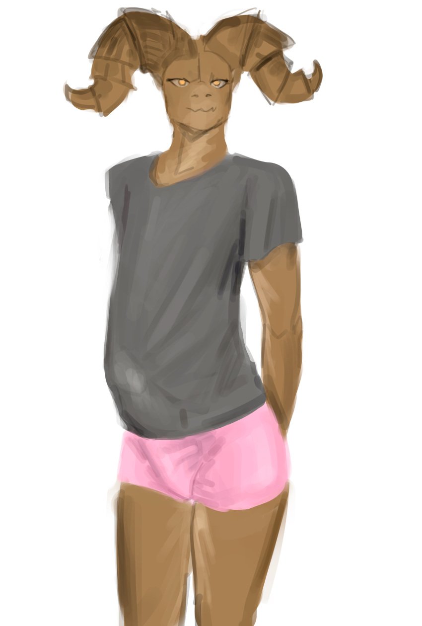 1boy 2d_(artwork) absurd_res anthro big_penis bottomwear claws clothed clothing color colored deathclaw drawn erection_under_clothes eye_contact fallout femboy feral genitals handwear hecreat hi_res horns huge_cock looking_at_another male male_only microsoft shirt shorts sketch smile solo t-shirt tail thick_thighs topwear