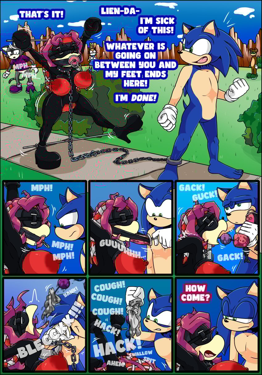 absurd_res ankle_chain anthro archie_comics barefoot big_breasts blindfold blue_body blue_fur bodily_fluids bondage bondage_pole boots bound breasts chain_collar chained chained_legs chains chaps clothing collar comic cough deep_throat dialogue dildo dildo_in_mouth dildo_insertion disturbed duo echidna english_text eulipotyphlan exhibitionism feet female foot_fetish footwear foreplay fur green_hair green_hill_zone hair hedgehog hi_res high_heels lien-da male male/female mammal moan monotreme nipples oral oral_penetration penetration pole public purple_hair quills_(anatomy) red_body red_fur saliva sega sex_toy sex_toy_in_mouth sex_toy_insertion shoes socks sonic_(series) sonic_the_hedgehog sonic_the_hedgehog_(archie) sonic_the_hedgehog_(comics) sonic_the_hedgehog_(series) text tinydevilhorns unimpressed