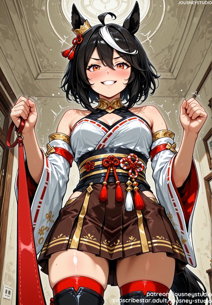 ahoge ai_generated animal_ears bangs bare_shoulders black_hair black_legwear black_thighhighs blush breasts brown_skirt cleavage clenched_hands clothing detached_sleeves female female from_below grin hair_between_eyes hair_ornament hakama hakama_short_skirt hakama_skirt holding holding_leash horse_ears horse_girl horse_tail indoors jousneystudio kimono kitasan_black_(uma_musume) kitasan_black_(umamusume) large_breasts leash legwear long_sleeves looking_at_viewer medium_breasts multicolored_hair pleated_skirt red_eyes robe rope sash short_hair skirt sleeveless smile solo standing streaked_hair tail teeth thighhighs thighs traditional_clothes uma_musume_-_pretty_derby umamusume umamusume_pretty_derby wafuku white_hair wide_sleeves zettai_ryouiki
