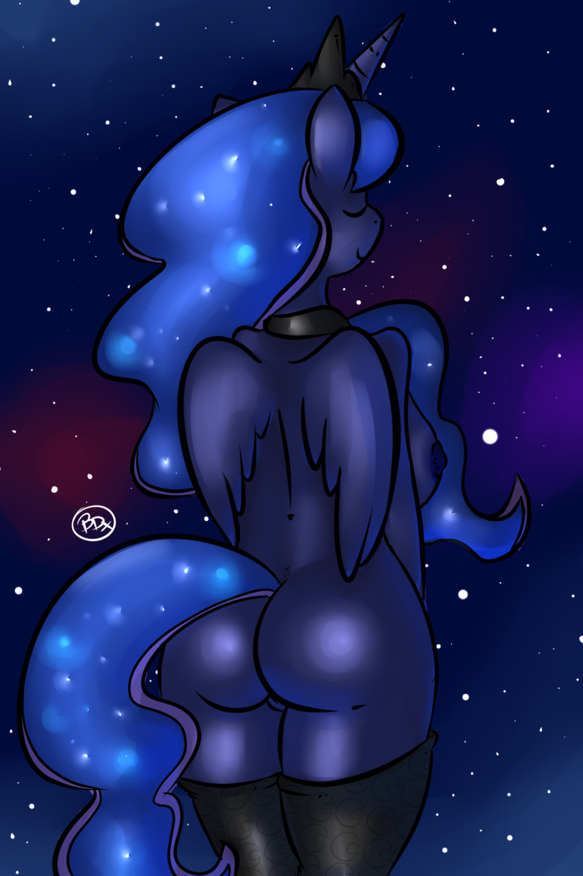 2015 alicorn anthro anthrofied ass blue_hair closed_eyes dynamicfuncorner equine female friendship_is_magic hair horn legwear long_hair mammal my_little_pony princess_luna_(mlp) pussy rear_view smile solo thigh_highs wings