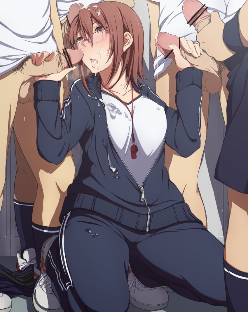 1girls blush brown_eyes brown_hair bukkake censored collarbone cum cum_in_mouth cum_on_clothes cum_on_hair double_handjob facial glasses handjob highres male_pubic_hair multiple_boys nagioka_(sblack) original pants penis pubic_hair sblack shoes short_hair sneakers solo_focus testicles track_jacket track_pants track_suit whistle