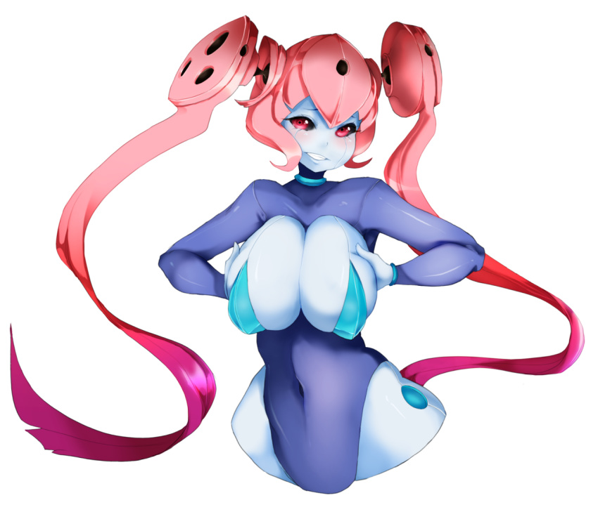 1girls android blue_skin blush breast_hold breast_lift breasts choker cleavage clenched_teeth double_bun female hair_bun highres huge_breasts latex leotard looking_at_viewer machine pink_hair robot robot_girl simple_background skin_tight solo tears tied_hair twintails vermana very_long_hair zambiie