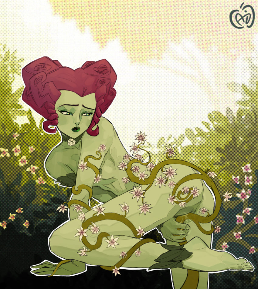 1girls applesauce_jack batman_(series) dc dc_comics flowers green_skin masturbation nature nude outdoors plants poison_ivy red_hair small_breasts the_batman vines