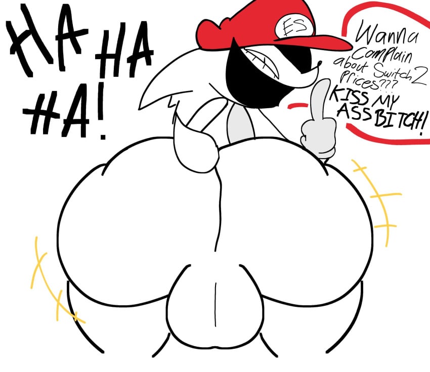 2025 afterdarkcircus ass_focus balls ballsack clapping_ass dialogue dialogue_bubble english_dialogue english_text exeg fat_ass insulting_viewer laughing laughing_at_viewer male male_only mario_cap middle_finger non-human red_cap sabotage_(exeg) sonic.exe_(series) switch_2 thick_ass thick_thighs toony white_background white_body white_tail