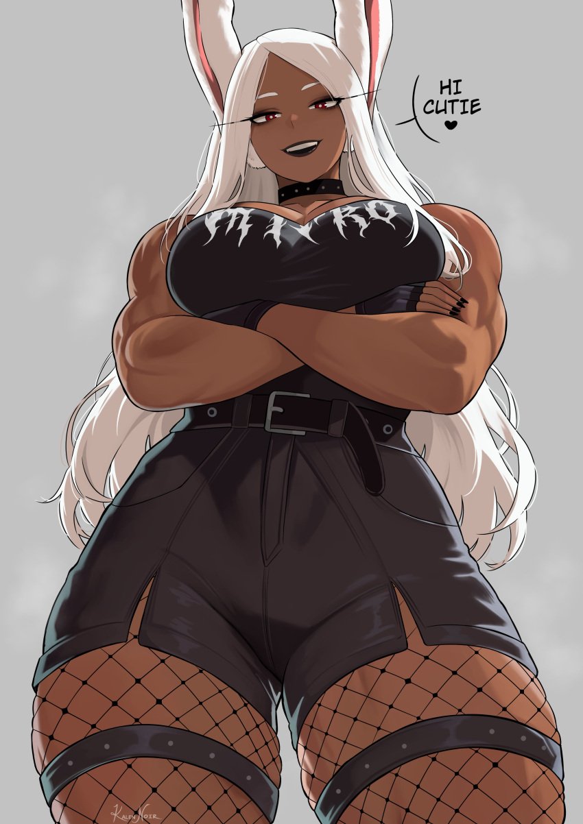 animal_ears black_lipstick dark-skinned_female dark_skin english english_text eyeshadow fingerless_gloves fishnets goth goth_girl kalennoir long_hair looking_at_viewer mirko miruko muscular muscular_arms muscular_female my_hero_academia painted_nails parted_bangs rabbit rabbit_ears rabbit_girl shorts text tomboy toned toned_female white_hair