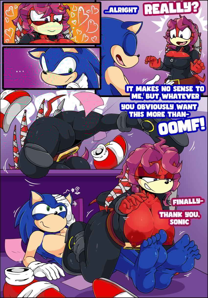 5_toes absurd_res anthro archie_comics areola barefoot belt belt_buckle big_breasts black_nose blue_body blue_fur breasts buckle clothed clothed_anthro clothed_female clothing comic dark_nipples duo echidna english_text eulipotyphlan exposed_breasts feet female foot_fetish foot_fetish_validation footwear fully_clothed fully_clothed_anthro fully_clothed_female fur green_eyes hedgehog hi_res leather leather_clothing lien-da male male/female mammal monotreme nipples partially_clothed partially_clothed_anthro partially_clothed_female presenting presenting_breasts presenting_feet quills_(anatomy) red_body red_fur sega shoes sonic_(series) sonic_the_hedgehog sonic_the_hedgehog_(archie) sonic_the_hedgehog_(comics) sonic_the_hedgehog_(series) tackle text tinydevilhorns toes zipper