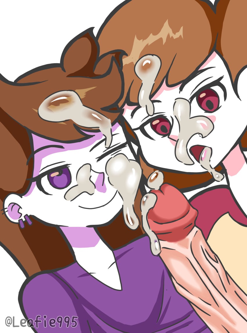 2girls brown_hair cum cum_in_mouth cum_on_face cum_on_hair ear_piercing happylikeawall jaiden jaiden_animations jaiden_dittfach leafie995 one_eye_closed penis purple_eyes red_eyes white_body white_skin