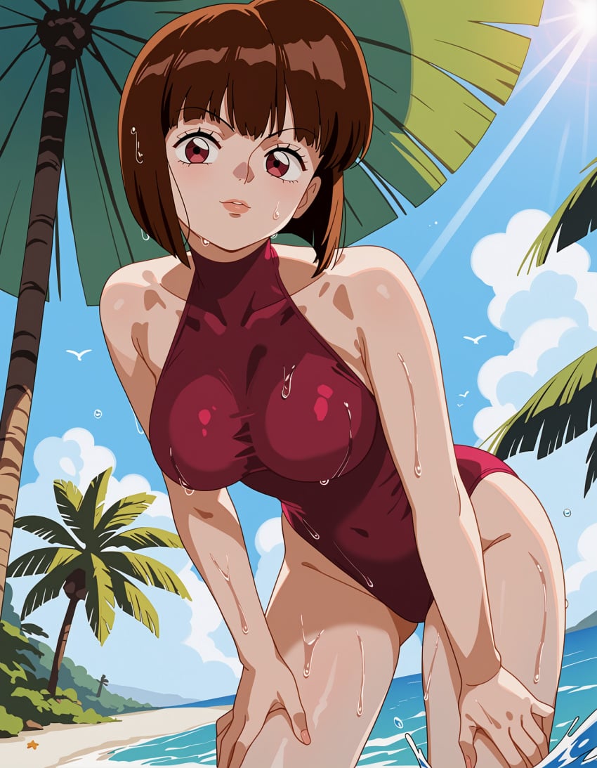 2025 ai_generated anime beach_background beach_umbrella black_eyebrows brown_hair_female crunchyroll deviantart elryusam eyebrows_visible_through_hair hands_on_legs looking_at_viewer meta nabiki_tendo not_porn orange_lipstick pink_cheeks ranma_1/2 red_eyes_female red_swimsuit sky_background smile_at_viewer smiling_at_viewer wet_body wet_hair wet_skin wet_swimsuit
