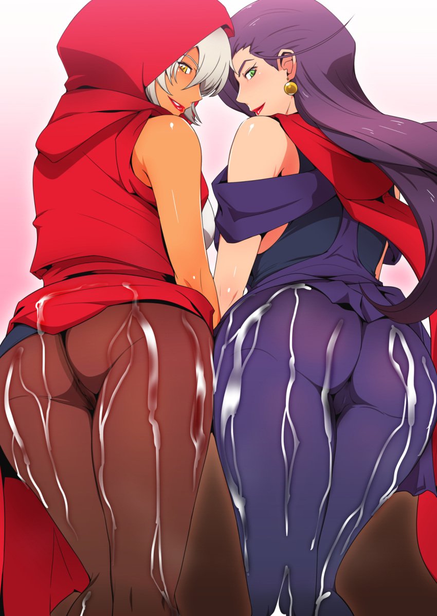 2girls after_sex ass battle_tendency breasts censored cum cum_on_ass cum_on_lower_body dark_skin earrings from_behind green_eyes gureko_rouman highres hood jojo's_bizarre_adventure legs lisa_lisa long_hair looking_back mariah_(jjba) milf multiple_girls pantyhose purple_hair pussy short_hair simple_background stardust_crusaders thighs white_hair yellow_eyes