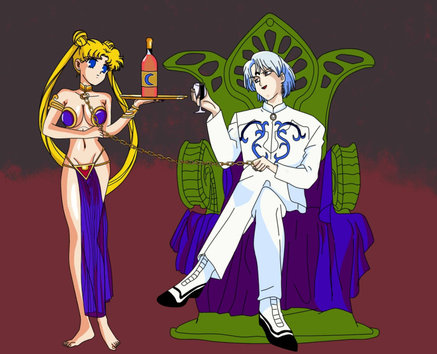 2023 2d 2d_artwork bare_arms bare_legs bare_midriff bare_shoulders bare_thighs barefoot belly_button bikini bikini_top bishoujo_senshi_sailor_moon black_earrings blonde_hair blue_bikini blue_bikini_top blue_bra blue_cape blue_eyes blue_loincloth bottle bra bracelets bun_hair cape chain_leash chained chained_up chains cleavage clothing collar earrings gems gemstone gold_bracelets gold_chain gold_collar golden_bracelets golden_chain golden_chains golden_collar harem_outfit large_breasts leash leash_and_collar leash_pull leashed_collar loincloth long_hair long_twintails master_and_servant master_and_slave metal_collar midriff navel prince prince_diamond short_hair slave slave_bikini slave_collar slave_leia slave_leia_(cosplay) slave_outfit slavegirl throne throne_room tied_hair tray turles17 twintails usagi_tsukino white_ear_tips white_earrings white_eyes white_hair white_shoes white_suit wine wine_bottle wine_glass