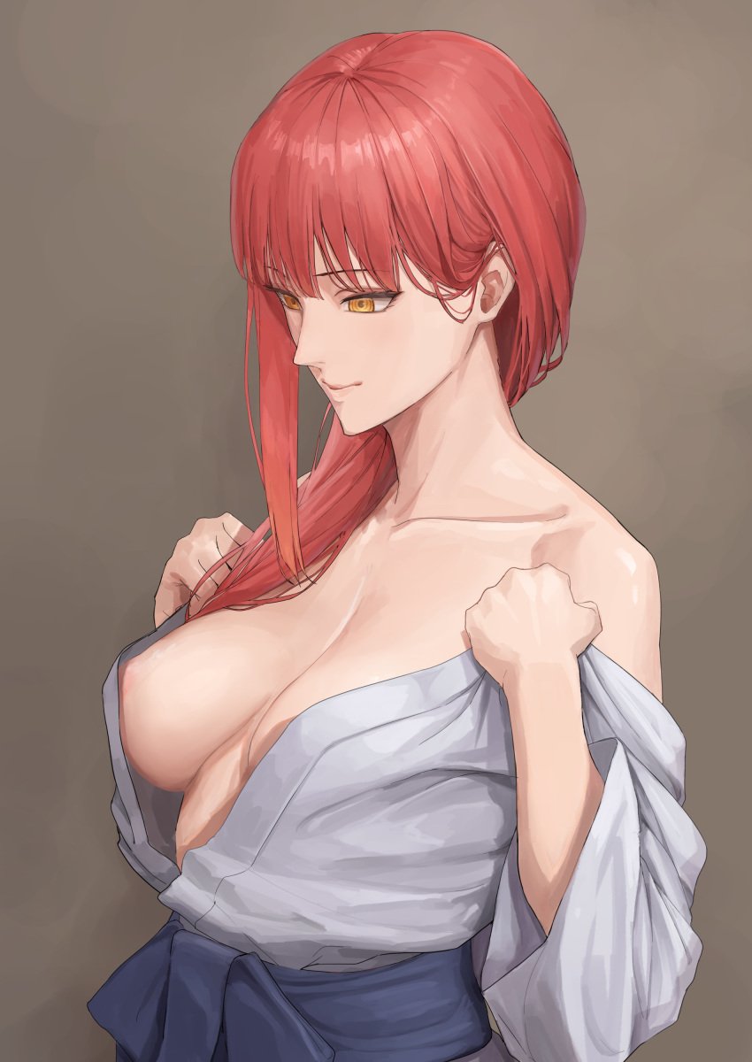 1girls absurdres ano_(gccx8784) areola_slip breasts chainsaw_man cleavage clothes_pull collarbone commentary_request dougi female hair_over_shoulder highres large_breasts looking_ahead makima_(chainsaw_man) nipple_slip orange_eyes red_hair ringed_eyes shirt shirt_pull sideboob simple_background single_sidelock solo undressing upper_body white_shirt