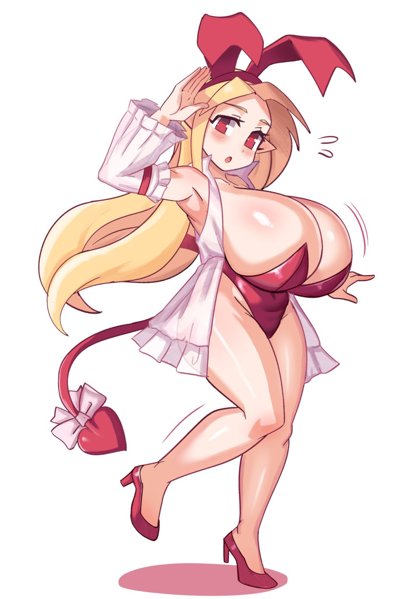 alternate_breast_size angel barely_contained big_breasts bimbo blonde_hair breasts bursting_breasts disgaea disgaea_1 fallen_angel flonne flonne_(fallen_angel) gigantic_breasts high_heels huge_breasts large_breasts leotard massive_breasts nippon_ichi_software pointy_ears short_stack shortstack skimpy_clothes thighs ytrall