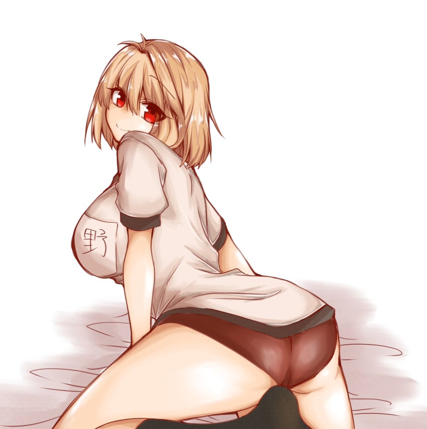 2323astronomy alternate_ass_size arcueid_brunestud ass ass_focus big_butt blonde_hair bloomers bubble_butt buruma color gym_uniform huge_ass looking_at_viewer looking_back melty_blood monochrome red_bloomers red_eyes short_hair smile sports_uniform tsukihime turning_around wide_hips