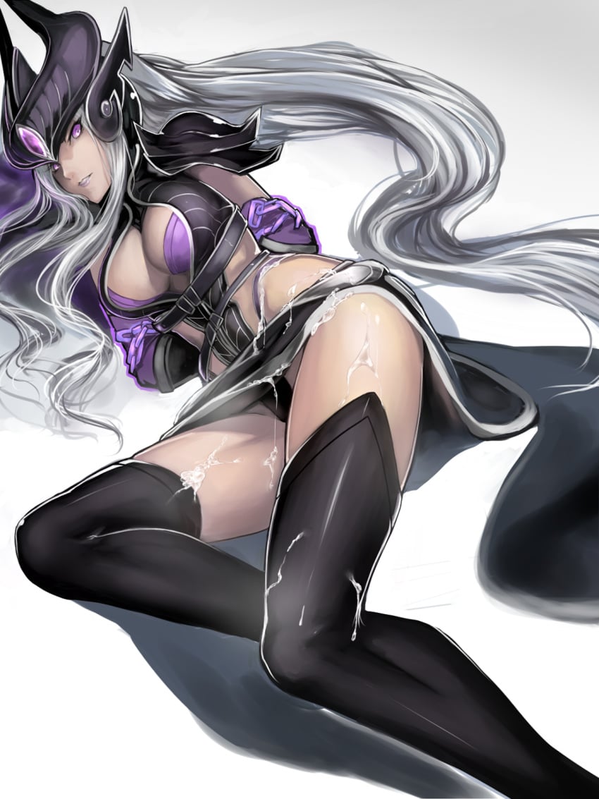 2015 after_sex arms_behind_back black_legwear black_panties bondage bound_arms breasts cleavage cum cum_on_body cum_on_lower_body ear_protection female forehead_jewel forehead_protector hair headgear helmet highres kumiko_(aleron) league_of_legends lips lipstick long_hair lying makeup on_side panties pantyshot pantyshot_(lying) pauldrons purple_eyes purple_lipstick silver_hair solo syndra thighhighs underwear vambraces very_long_hair