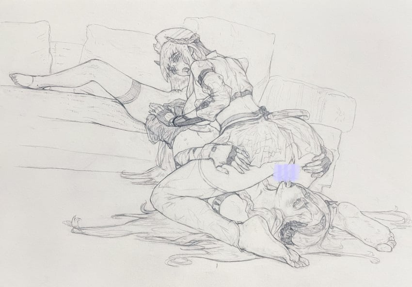 2girls anus arknights ass bagpipe_(arknights) bagpipe_(queen_no._1)_(arknights) censored cunnilingus female horns monochrome pencil_(artwork) pussy race_queen saileach_(arknights) traditional_media_(artwork) yuri