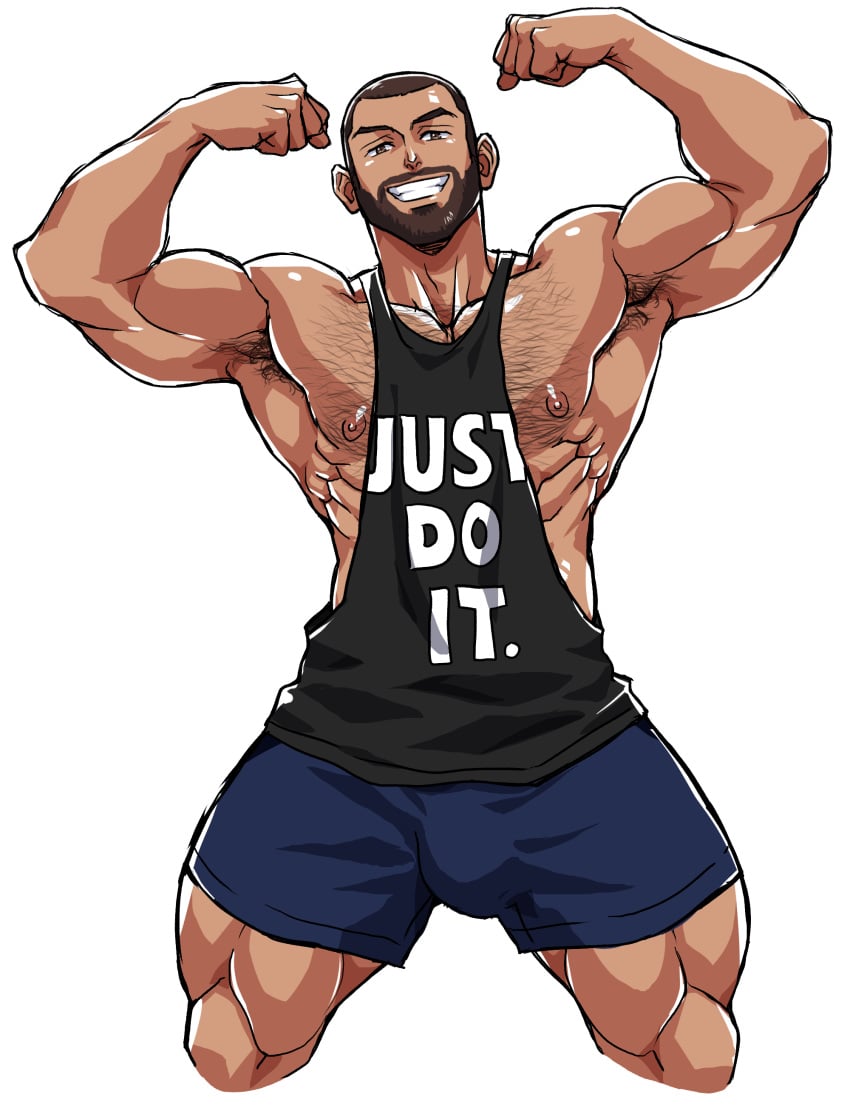 armpit_hair bara beard bulge clothing ichan male male_nipples male_only manly mature_male muscular_male nipples