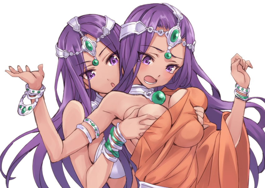 2girls :o bare_shoulders bracelet breast_grab breasts circlet clothing dark_skin deep_skin dragon_quest dragon_quest_iv incest jewelry large_breasts long_hair matsuryuu maya_mahabala meena_mahabala multiple_girls open_mouth purple_eyes purple_hair siblings sisters tears twins white_background yuri