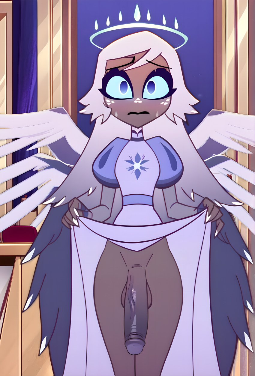 1futa ai_generated angel angel_wings balls big_penis blue_eyes dark-skinned_futanari dark_skin dirty_dan embarrassed emily_(hazbin_hotel) futa_only futanari halo hazbin_hotel hi_res lifting_dress looking_at_viewer penis pov shy taker_pov thick_thighs white_hair