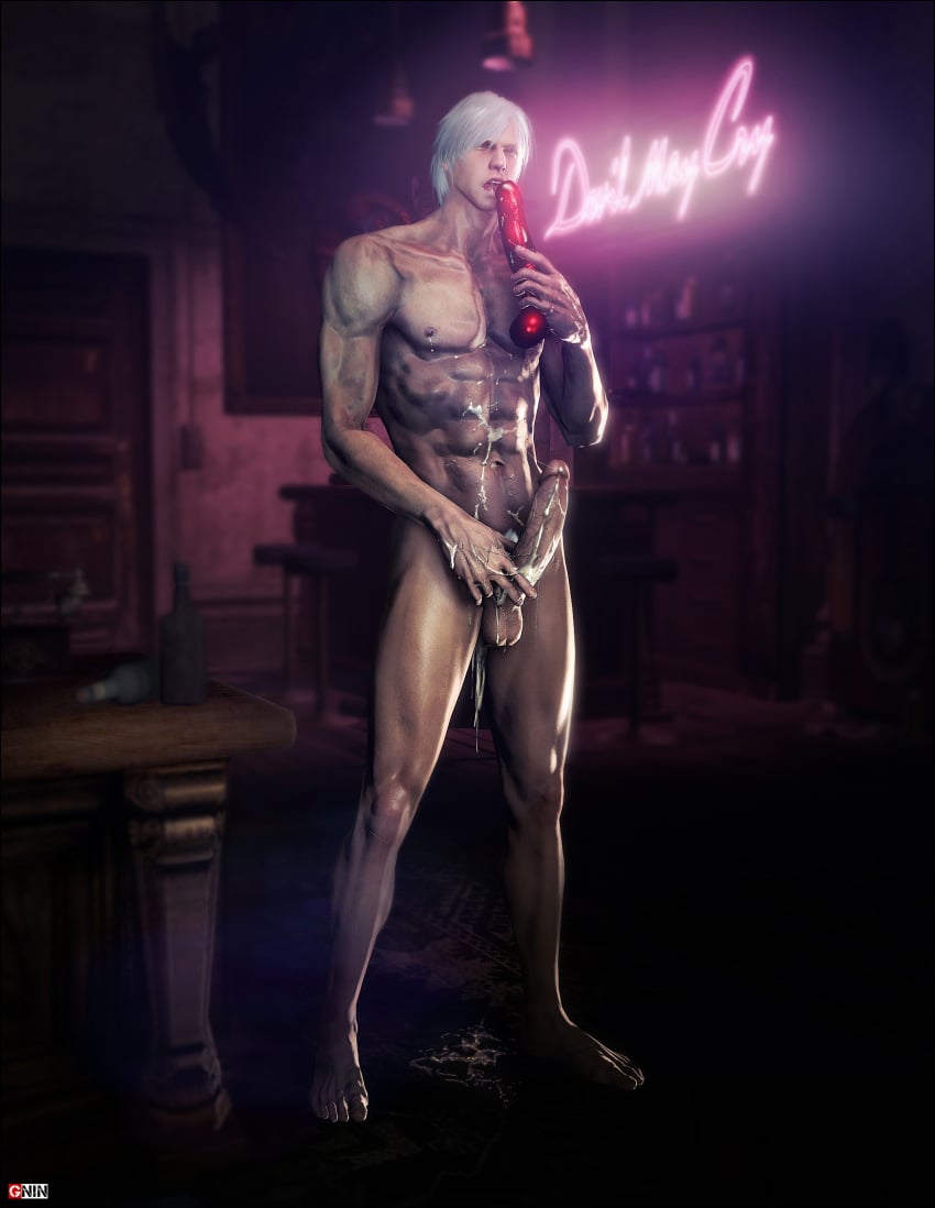 3d 3d_(artwork) barefoot cum cum_dripping cum_on_floor cum_on_self cum_on_stomach dante devil_may_cry devil_may_cry_4 dildo dildo_lick erect_nipples erection gay gninrom holding_penis long_penis looking_at_viewer male male_only mouth_open muscular nude uncensored white_hair yaoi