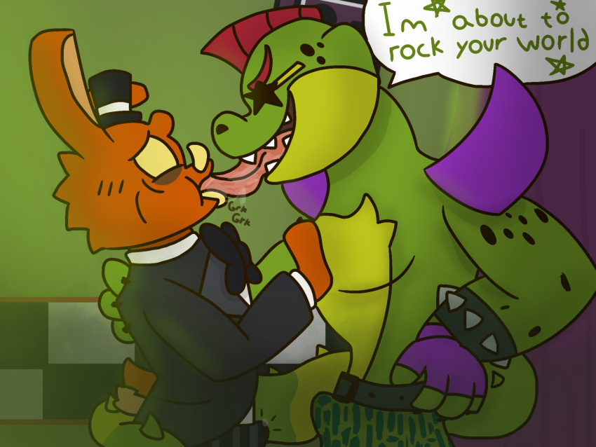 2boys anthro bodily_fluids bow_tie clothing duo five_nights_at_freddy's five_nights_at_freddy's:_security_breach genital_fluids genitals hat headgear headwear hi_res jack_the_bunny jacksafterdark male male/male male_only montgomery_gator montgomery_gator_(fnaf) multiple_boys penis precum scottgames steel_wool_studios top_hat