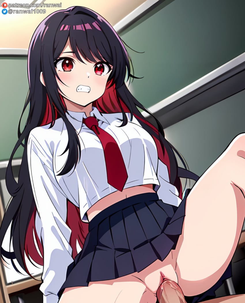 ai_generated black_hair clenched_teeth cowgirl_position large_breasts manga mayonaka_heart_tune ranwai red_eyes red_inner_hair sex stable_diffusion tune_in_to_the_midnight_heart two_tone_hair uzuki_shinobu vaginal_penetration vaginal_sex